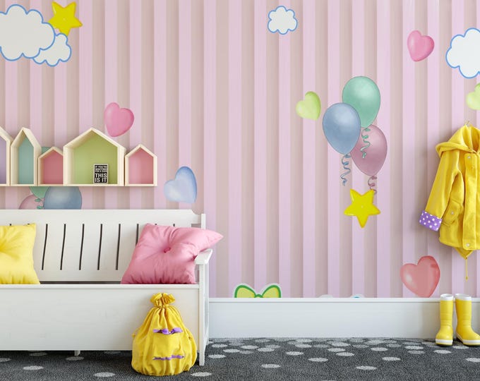 Pink Striped Balloon Wallpaper: Kids Nursery Decor, Removable Wall Art