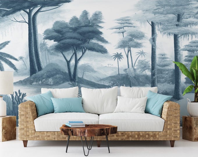 Blue Tropical Forest Mural: Peel and Stick Wallpaper, Nature-Inspired Wall Art