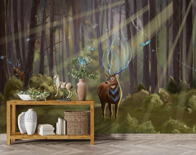 Mystical Forest Canvas Print: Deer, Butterfly, Floral Landscape