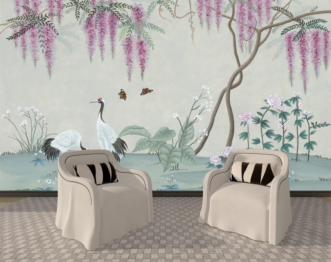 Chinese Peony & Crane Mural: Asian Willow Tree Wall Art