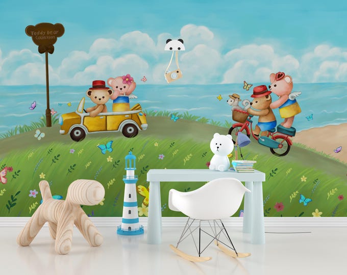 Teddy Bear Coastal Wallpaper Mural: Kids Nursery Beach Scene