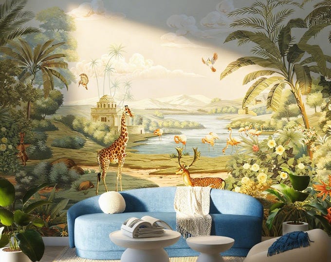 Giraffe Jungle Mural: Dark Floral Peel and Stick Wallpaper