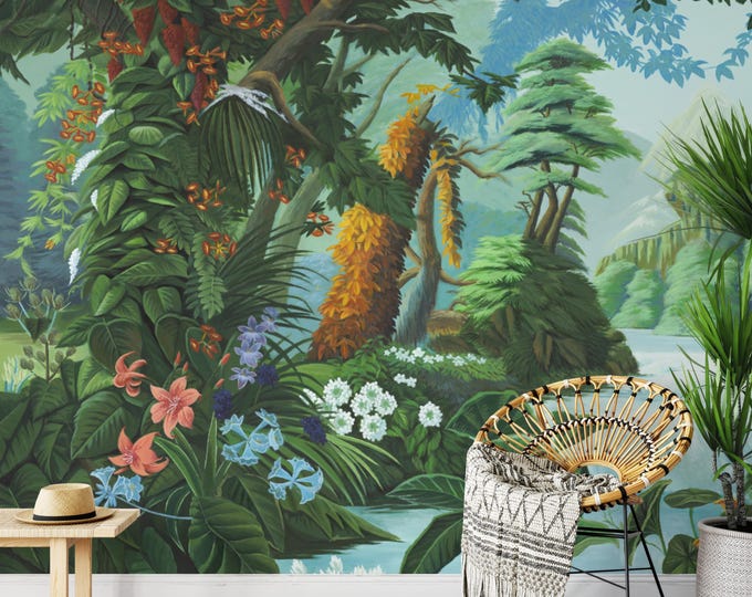 Jungle River Wall Mural: Tropical Rainforest Scene - Peel & Stick or Non-Woven