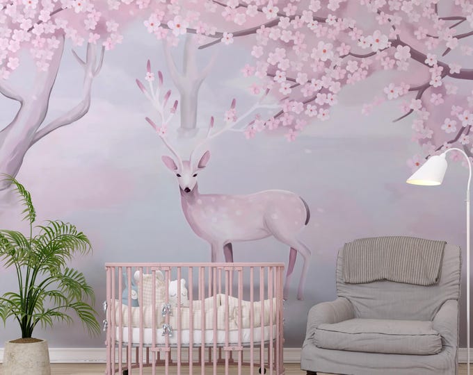 Cherry Blossom Deer Wall Art: Spring Floral Canvas Print