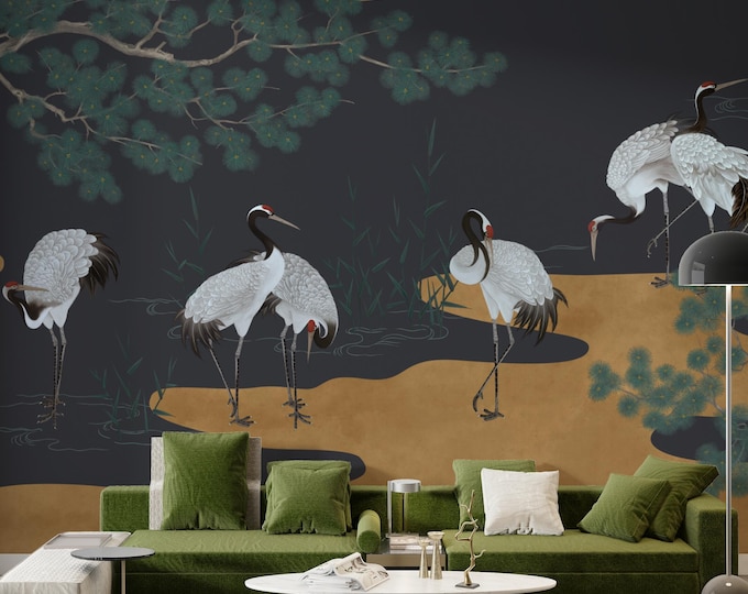 Chinoiserie Crane Mural: Vintage Oriental Peel and Stick Wallpaper