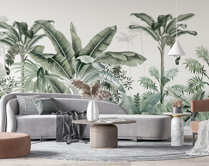 Tropical Jungle Wallpaper - Lush Green Plants & Flowers - Nature Wall Art - Home Decor