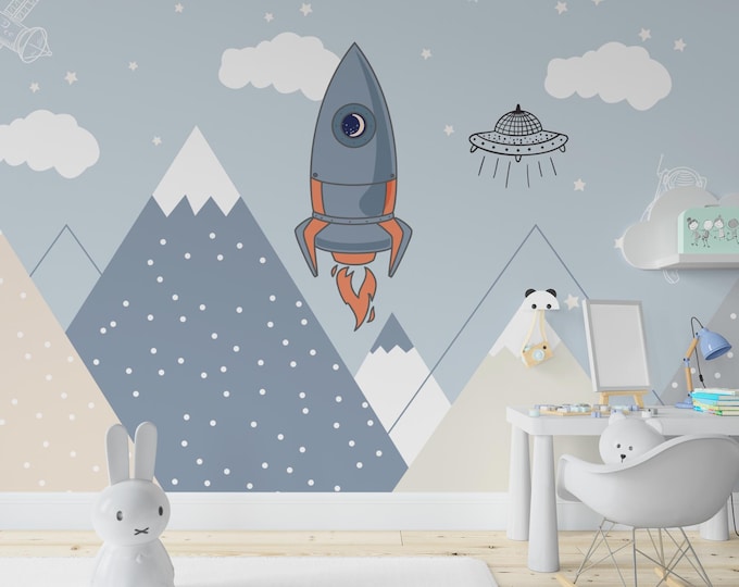Whimsical Space Adventure Wallpaper Mural: Rocket, UFO, Galaxy Kids' Room Decor