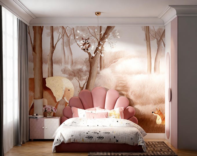 Neutral Forest Animal Wallpaper Mural: Whimsical Kids' Room Decor
