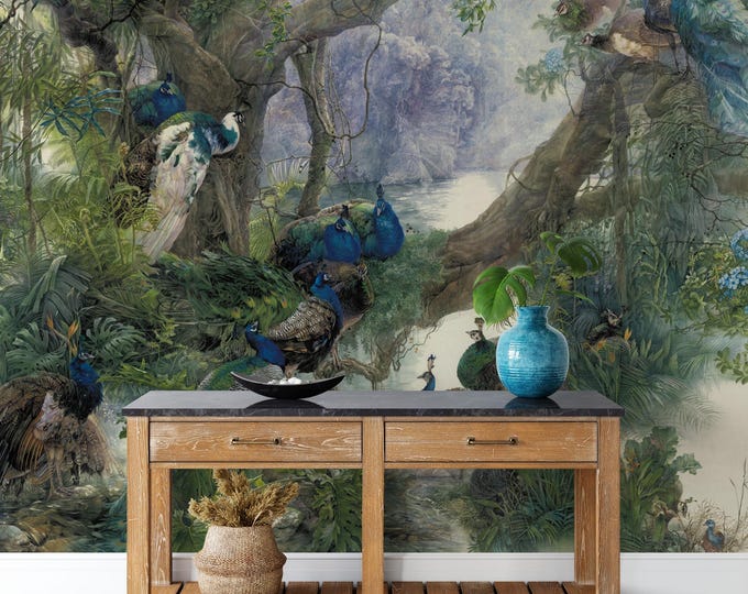 Tropical Rainforest Wall Mural: Vibrant Peacock Jungle - Peel & Stick Canvas
