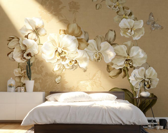 Vintage Orchid Art Print: Elegant Botanical Wall Decor, Cream & Brown