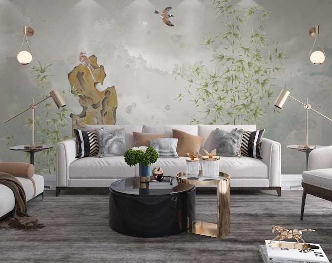 Featured listing image: vintage chinoiserie wallpaper, peel and stick, oriental decor, bird mural, vintage art, home decoration, living room mural, fabric wallpaper
