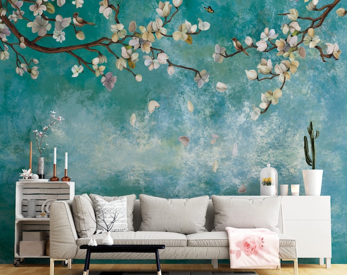 Floral Branch Canvas Print: Blue Green Abstract Bird Wall Art