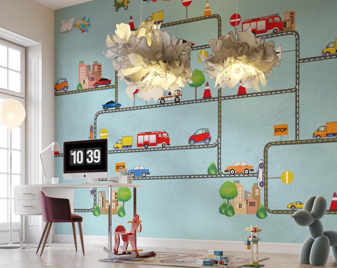 Kids Traffic Playland Wallpaper Mural: City Car & Road Scene