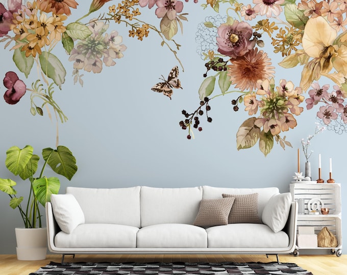 Watercolor Floral Peel and Stick Wallpaper: Blue, Pink, and Yellow Butterfly Wall Art