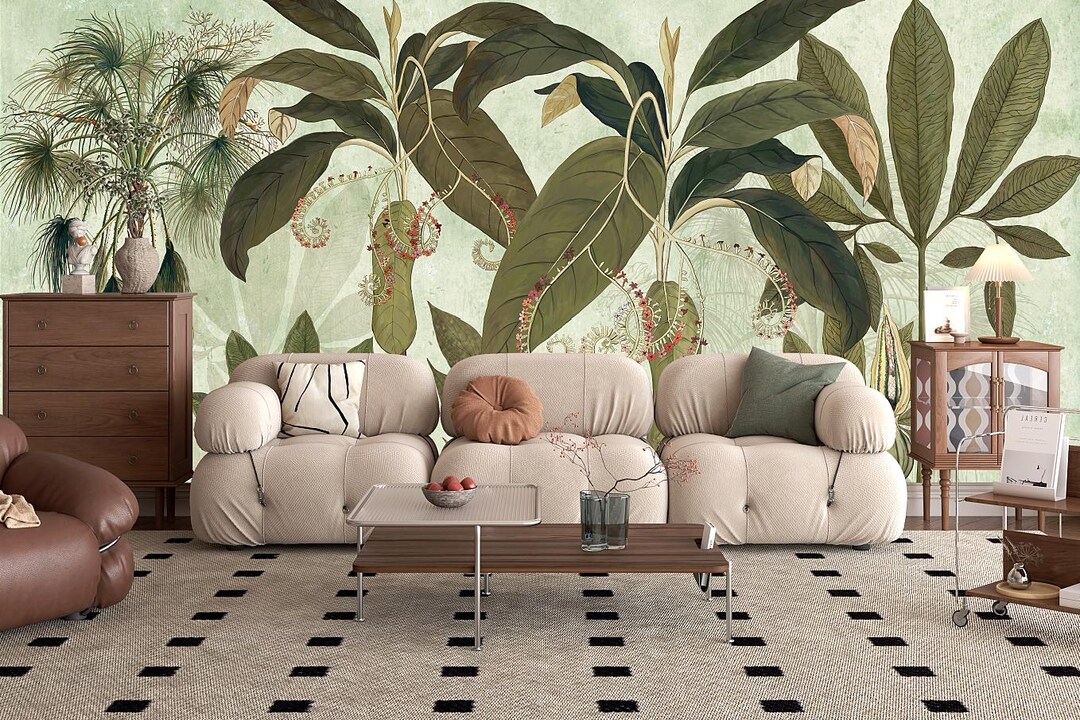 Tropical Botanical Peel and Stick Wallpaper Mural: Vintage Green Leaf ...
