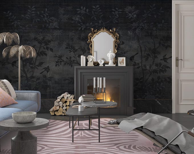 Dark Floral Tree Wall Mural: Vintage Chinese Ink Wash Art