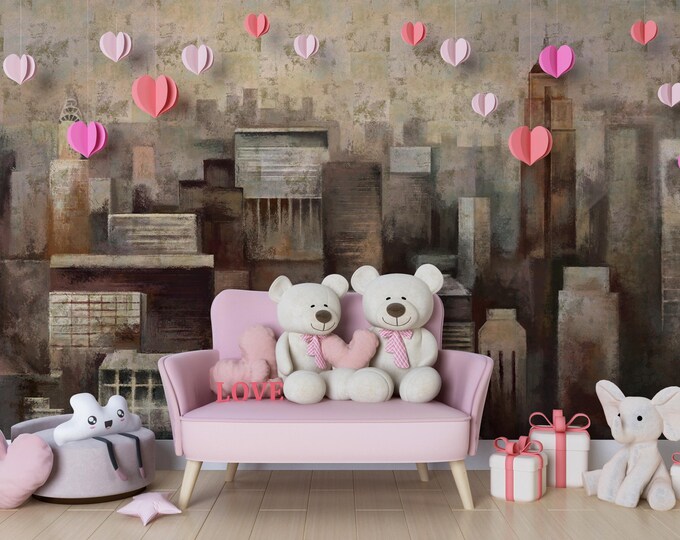 Abstract Cityscape Peel and Stick Wall Mural: Removable Retro Wallpaper