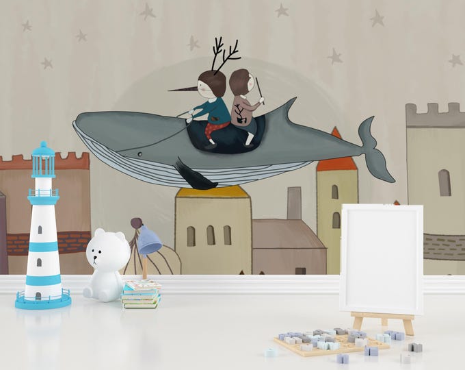 Whimsical Whale Mural: Fantasy Cityscape, Kids Room Decor