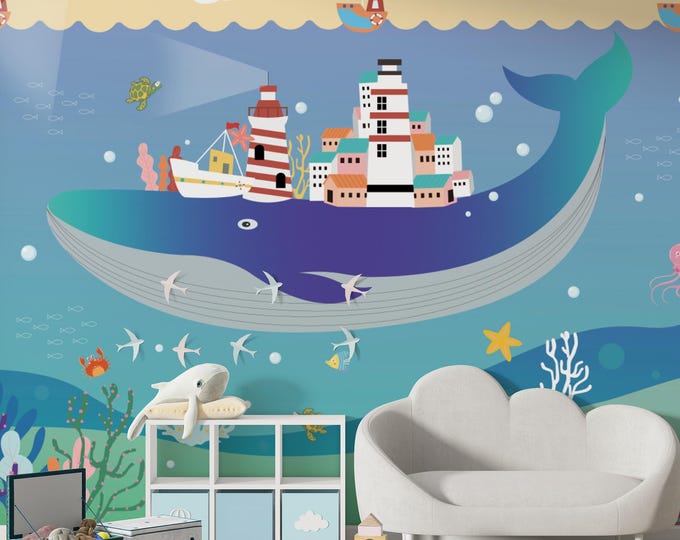 Whimsical Whale City Wallpaper Mural: Underwater Kids Room Decor