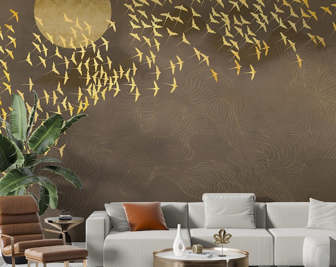 Chinoiserie Wall Mural: Golden Birds & Moon, Removable Vinyl