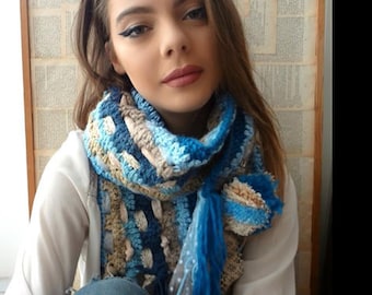 Bohemian Crochet Scarf -  statement scarf,boho scarf, winter scarf, crochet scarf, neck scarf, fringed scarf, wrap,