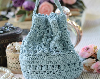 Crochet Pattern - Charlotte Pouch, drawstring  bag, crochet bag, flower bag, boho bag, lace crochet, something blue, bridal pouch, bride bag