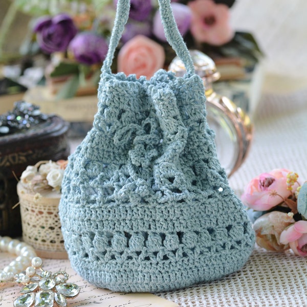 Crochet Pattern - Charlotte Pouch, drawstring  bag, crochet bag, flower bag, boho bag, lace crochet, something blue, bridal pouch, bride bag