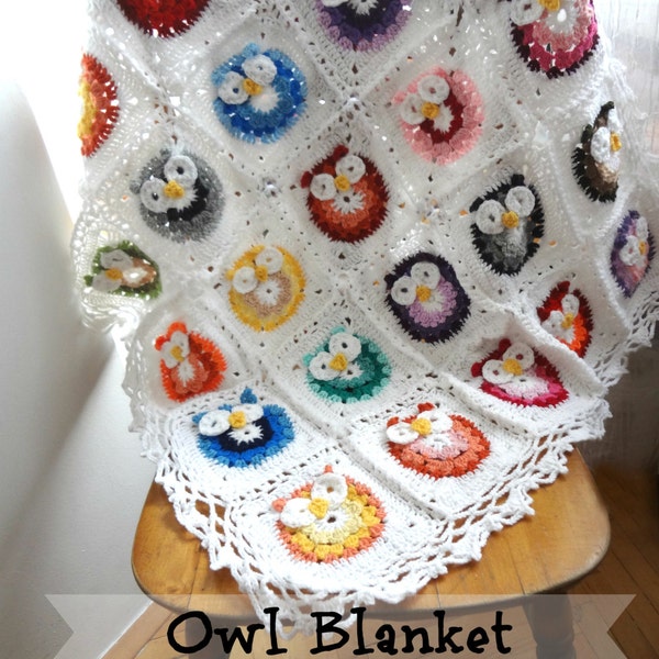 DIGITAL CROCHET PATTERN owl Blanket,crocheted blanket pattern,photo tutorial,crochet owl pattern,crochet owl, colorful blanket