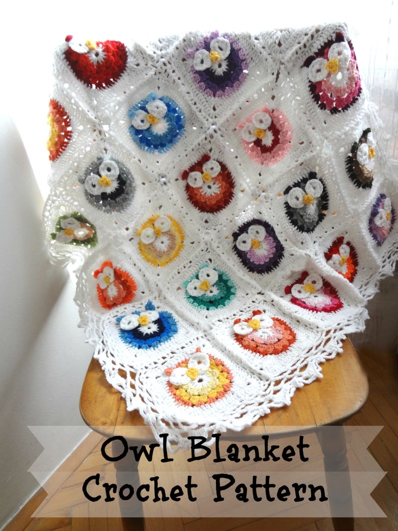 DIGITAL CROCHET PATTERN owl Blanket,crocheted blanket pattern,photo tutorial,crochet owl pattern,crochet owl, colorful blanket image 1