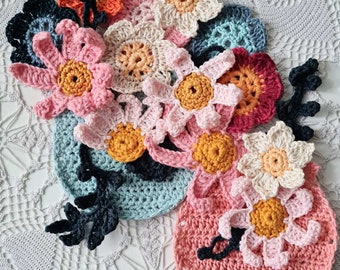 CROCHET PATTERN: Flower Kissed Vases & Pots Appliques,crochet flowers, crochet vase, crochet pot, flower pots, crochet appliques, leaves