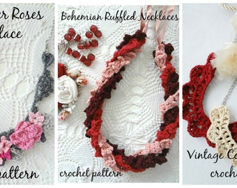 CROCHET PATTERN PACK #24 digital patterns,crochet roses,crochet flowers,crochet necklace,ruffled necklace, vintage necklace, pattern bundle