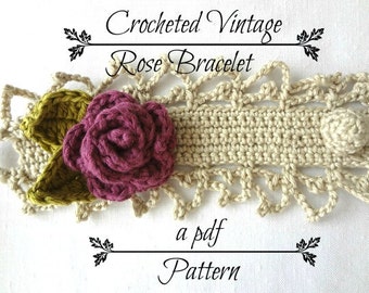 CROCHET PATTERN Vintage Rose Bracelet PDF Pattern - photo tutorial, crochet pattern, crocheted bracelet, corsage, headband