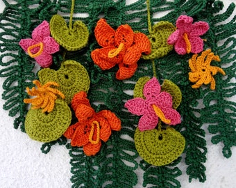 Crochet Pattern: Tropical Wall Hanging,tropical decor, home decor, bohemian decor,crochet fern,crochet tropical flowers, wall decor,applique