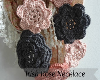CROCHET PATTERN Irish Roses Necklace - crochet flower pattern,crochet necklace,flower necklace, crochet bohemian necklaces, instant download
