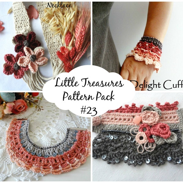 CROCHET PATTERN  Cuff and Necklace Patterns Discount Pack #23,crochet roses,crochet cuff bracelet, tribal necklace, string flowers,boho
