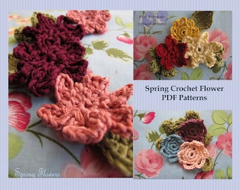 Crochet Pattern- Spring Crochet Flowers, crocheted flowers and leaves, flower brooch, flower applique