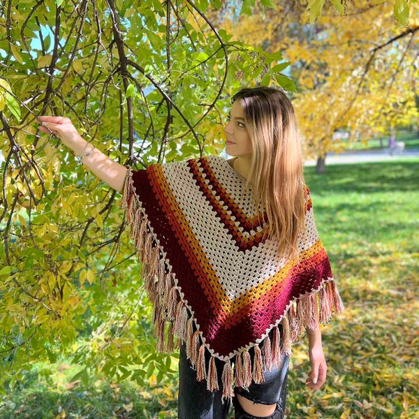 Crochet Pattern: Gorgeous Autumn Poncho- granny stripe pattern,granny poncho, crochet poncho,crochet coat, crochet cover, poncho