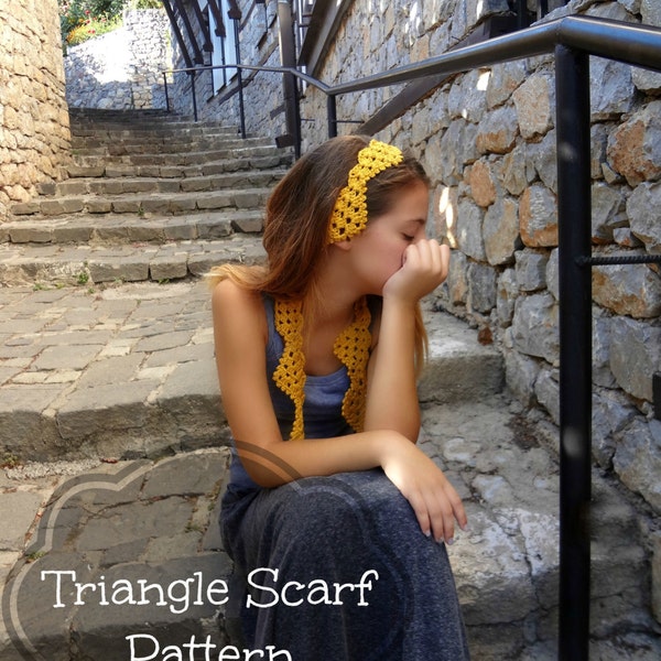 CROCHET PATTERN Triangle Scarf PDF Pattern,photo tutorial, crochet pattern, crocheted scarf, crochet headband, head scarf, step by step tute