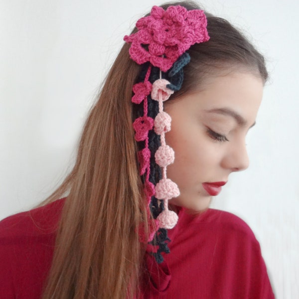 CROCHET PATTERN Cascading Kanzashi Flower Set- crochet hair accessory,crocheted flower, crochet vine, Kanzashi flowers, crochet Kanzashi