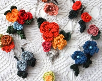 CROCHET PATTERN: Mini Flower Jewelry,crochet thread flowers,crochet flowers,crochet leaves,crochet jewelry,crochet necklace,crochet earrings