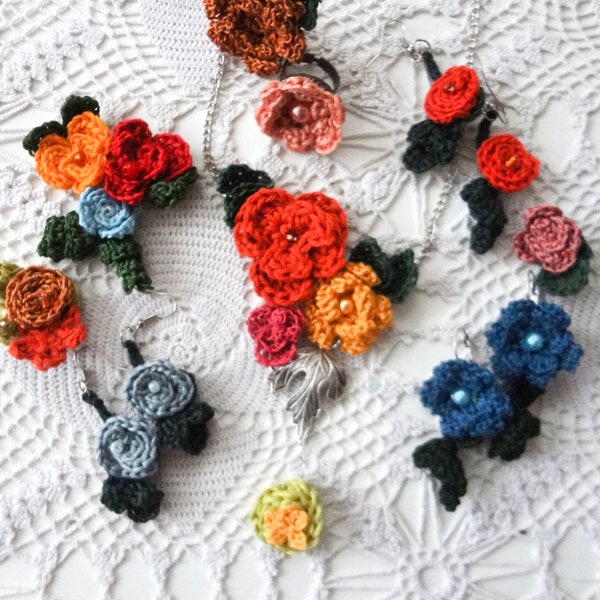 CROCHET PATTERN: Mini Flower Jewelry,crochet thread flowers,crochet flowers,crochet leaves,crochet jewelry,crochet necklace,crochet earrings