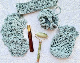 Crochet Pattern: Jasmine Spa set, crochet spa set,crochet face scrub, crochet puff,crochet loofah, crochet headband, soap pouch, soap bag