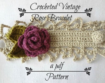 CROCHET PATTERN Vintage Rose Bracelet PDF Pattern - photo tutorial, crochet pattern, crocheted bracelet, corsage, headband