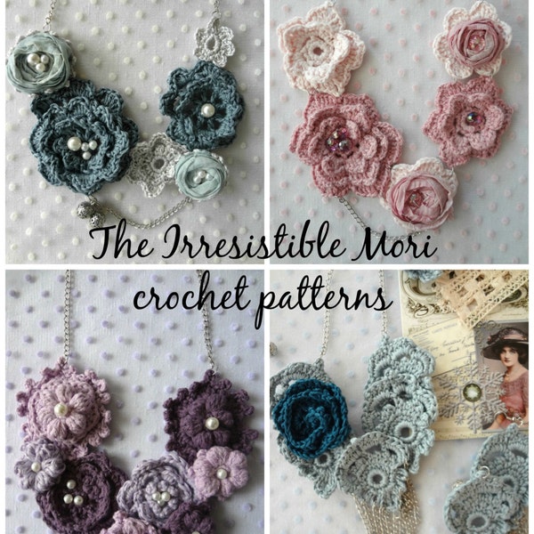 CROCHET PATTERN Discount Pack Irresistible Mori Crochet -#22 digital Patterns, crochet rose necklaces,crochet roses,mori jewelry irish roses