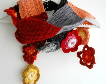 Bohemian Crochet Scarf -  statement scarf,crocheted scarf, crochet flowers, winter scarf, crochet accessory, crochet flower scarf