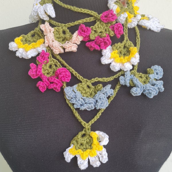 CROCHET PATTERN  Daisies & Roses Lariat, crochet accessory,crochet skinny scarf, crochet flowers,rose lariat,statement scarf, flower garland