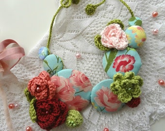 Gorgeous Spring Necklace -fabric button necklace-fabric buttons,crochet roses,statement necklace,bib necklace,mixed media necklace, OOAK