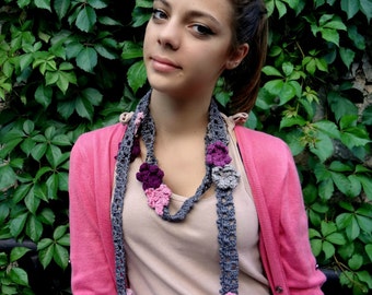 CROCHET PATTERN  Rose Lariat - crochet accessory, crochet skinny scarf, crochet flowers, rose lariat, statment scarf