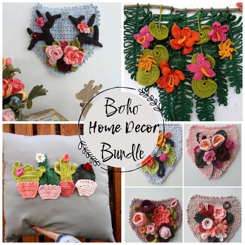 Crochet Pattern Bundle: Boho Home Decor, crochet boho, crochet home decor, crochet flowers, crochet cacti, crochet antlers, crochet pennant image 1