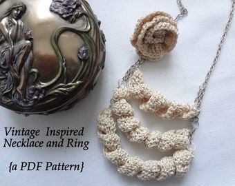 Crochet PDF Pattern - Crocheted Necklace and Ring Tutorial - Last Minute Gifts Series - vintage inspired